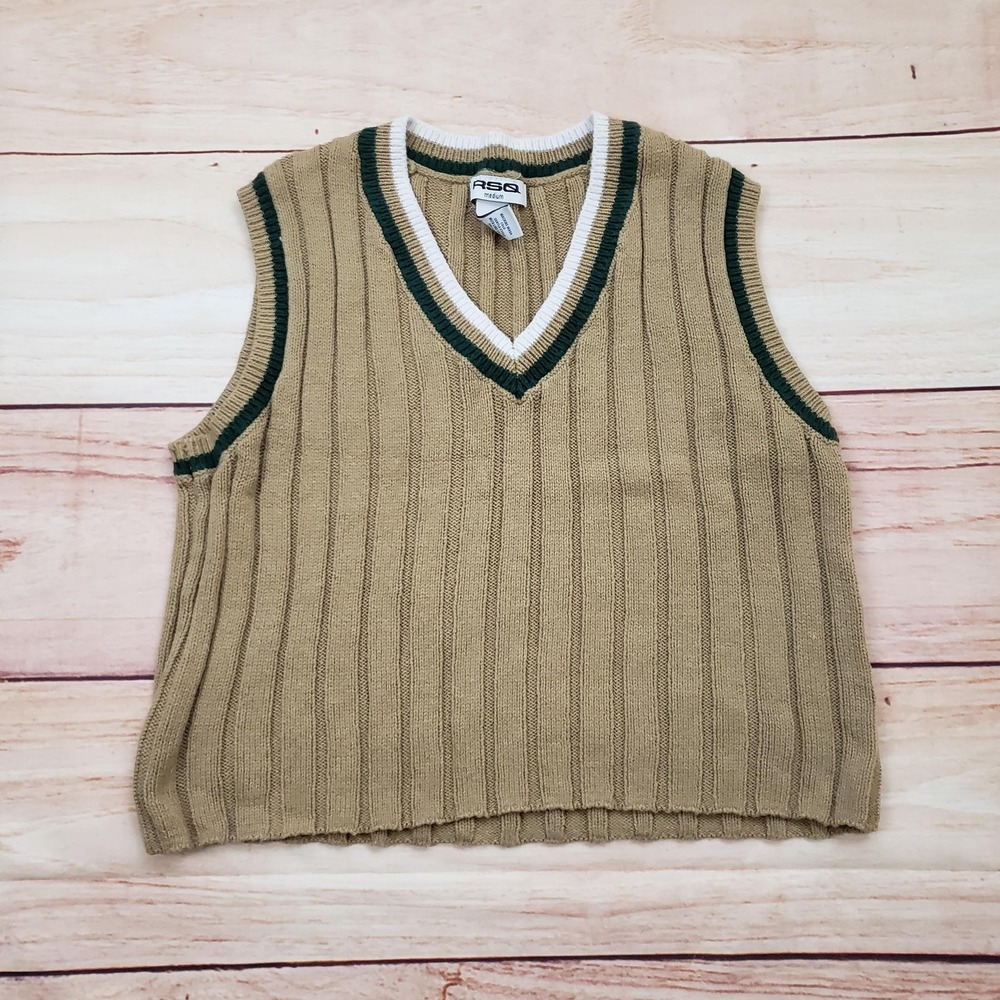 RSQ Sweater Vest Womens Medium Tan Green Rib Knit V Neck Preppy Sleeveless